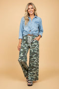 Camo Wide Leg Drawstring Denim Pants