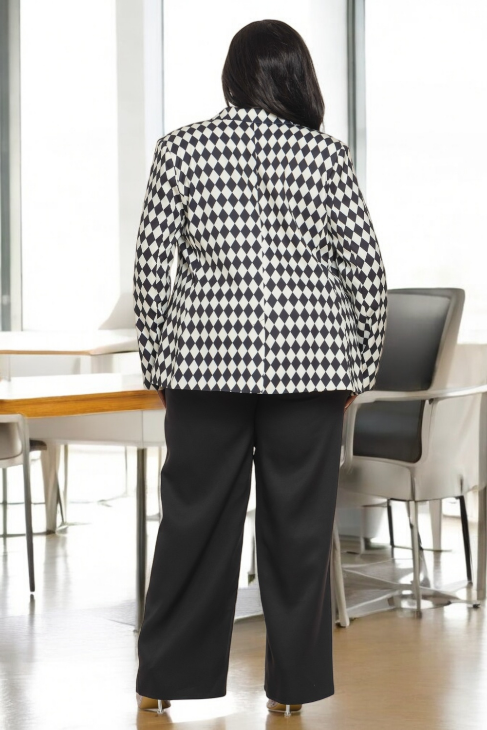 Boss Babe Diamond Shape Print Double Breated Plus Size Pant Suit