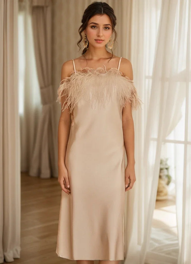 Luxury Ostrich Feather Silky Satin Long Nightgown Robe
