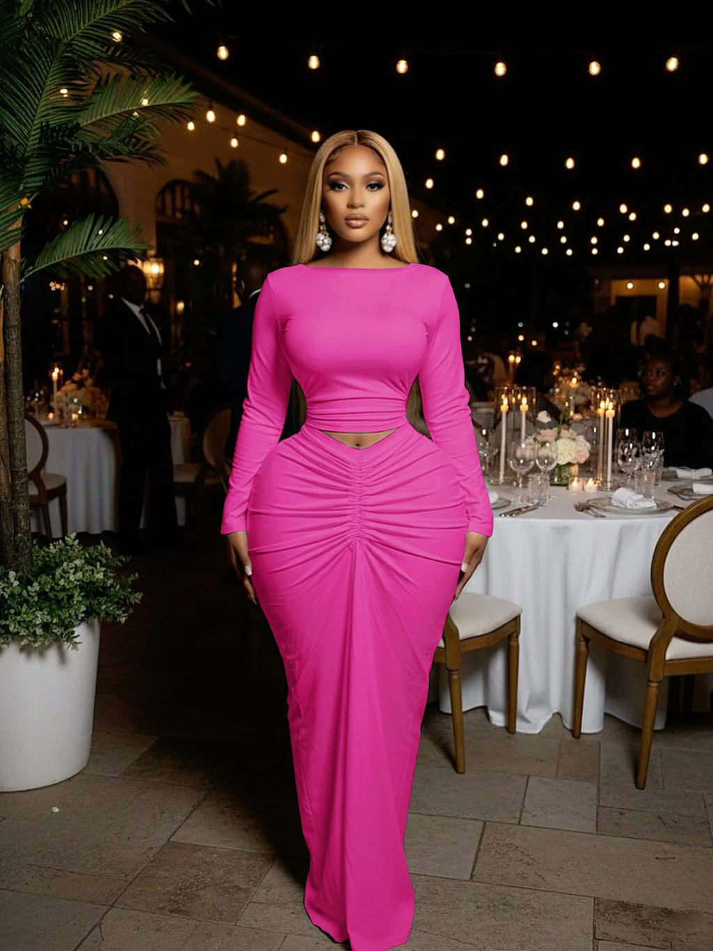 Mohegan Ruched Patchwork Bodycon Solid Color Hollow-out Long Sleeves Dress