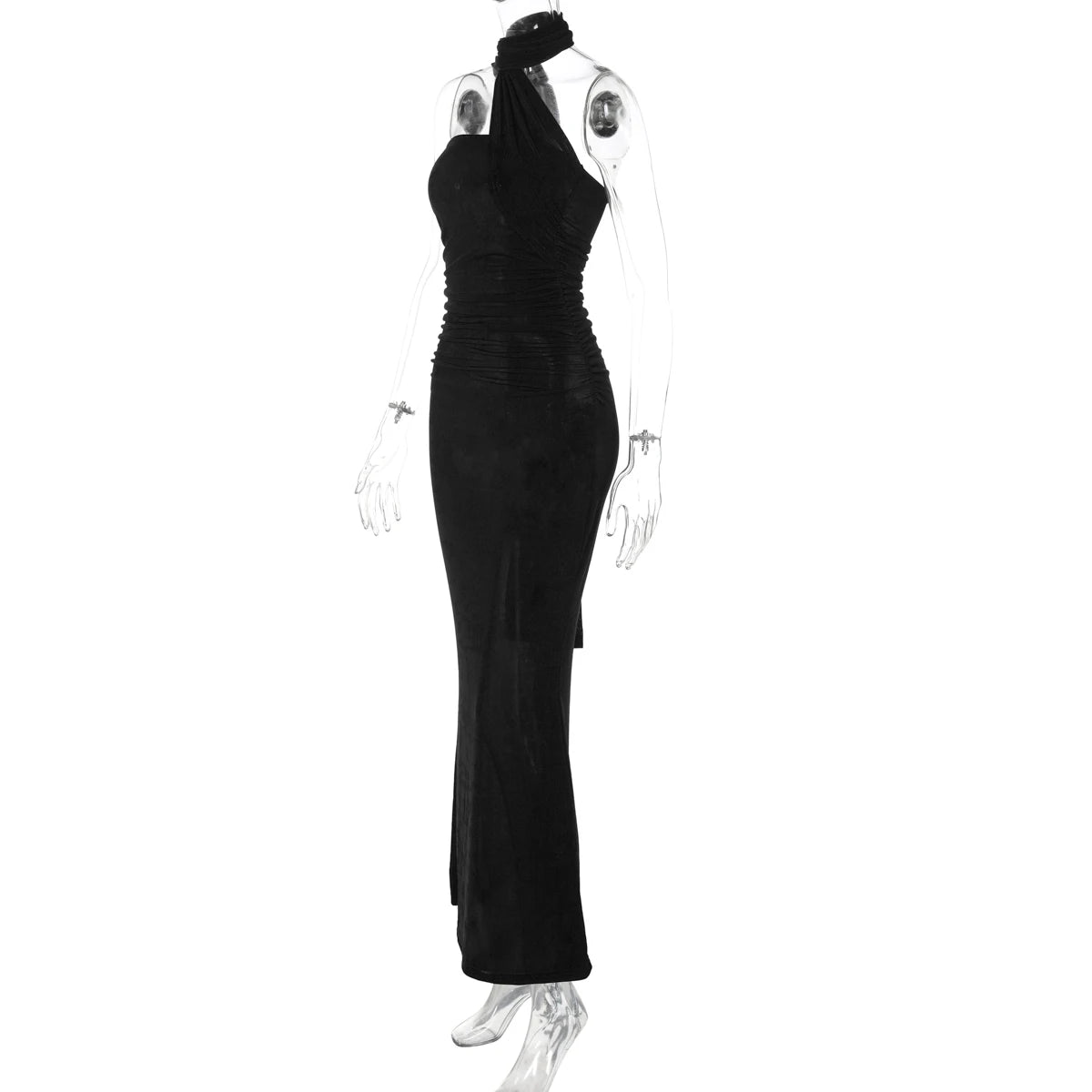 Chicago Halter Solid Sleeveless Backless Ruched Sexy Bodycon Maxi Prom Dress