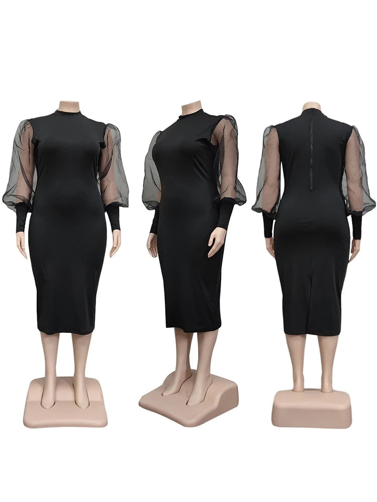 Newton Plus Size Solid Color Spring Mesh Lantern Long Sleeve Dress