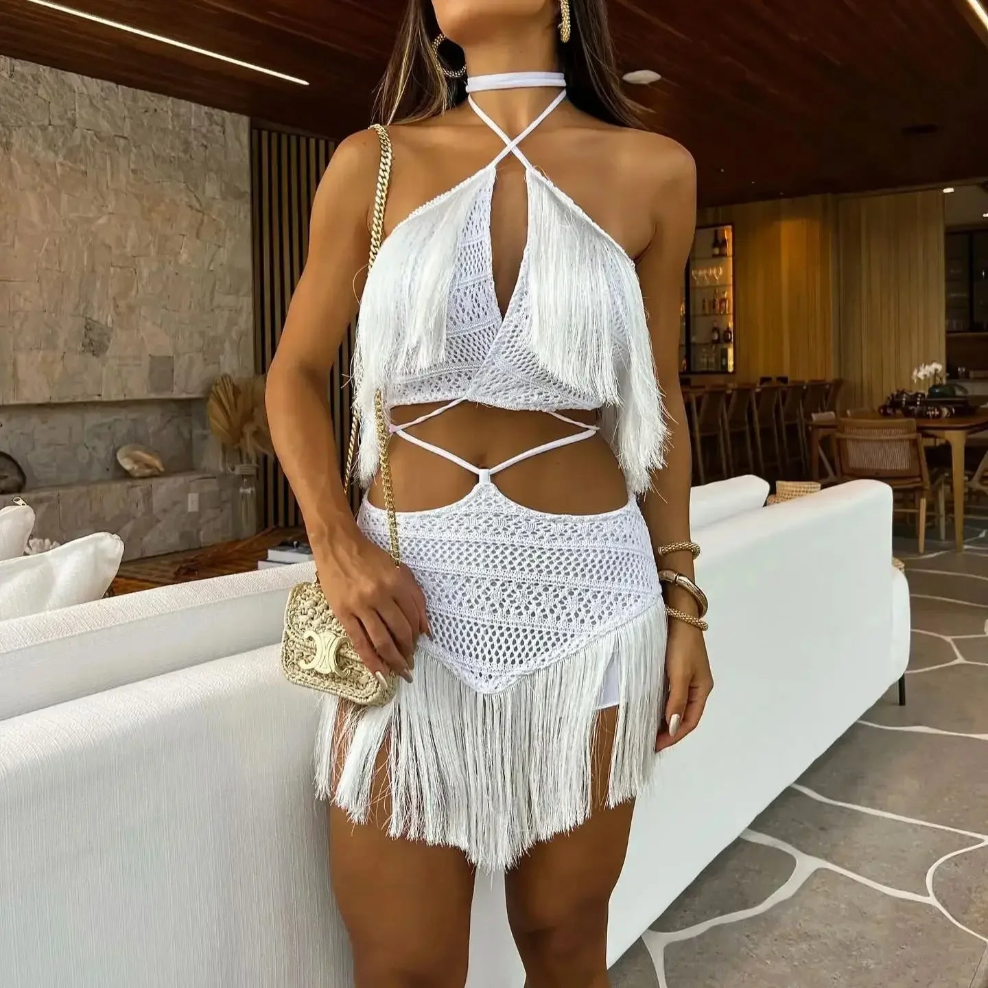 Narraganset Tassel Cut Out Halter Lace Bra Tassel Mini Beach Set