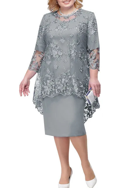 Jackson Plus Size Evening Gown Fashion Solid Color Round Neck High Waist Lace Embroidery Dress