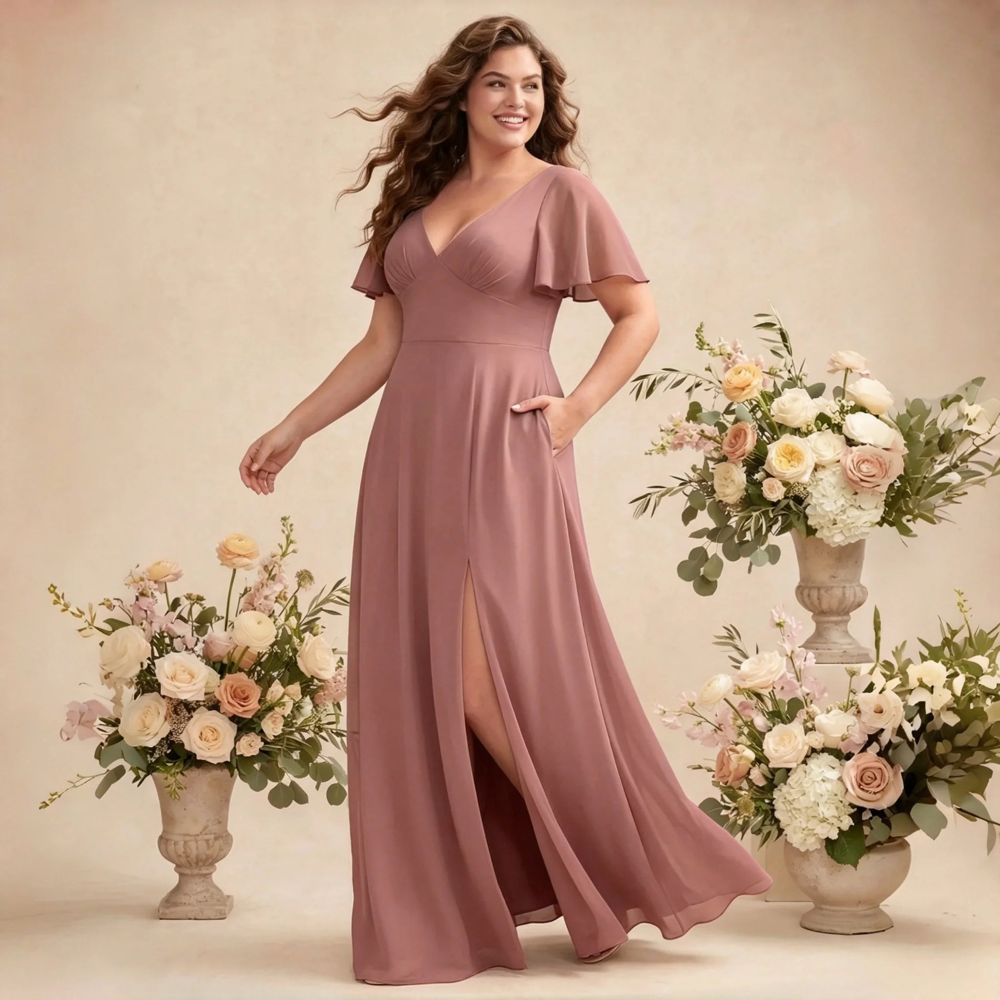 Irvington Green Plus Size Chiffon Bridesmaid Deep V Neck Flutter Sleeves Hidden Pockets Dress