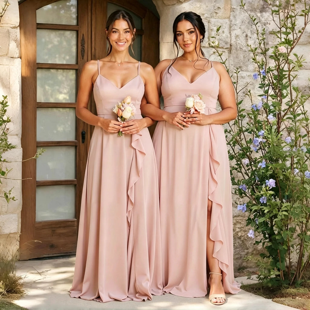 Alma Chiffon Bridesmaid Spaghetti Strap V Neck Cascading Ruffle High Side Slit A Line Dress