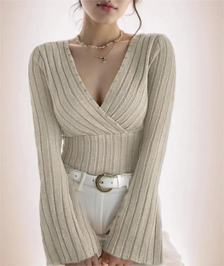 Uranus Long Sleeved V Neck Slim Striped Long Sleeved Knitted Tops