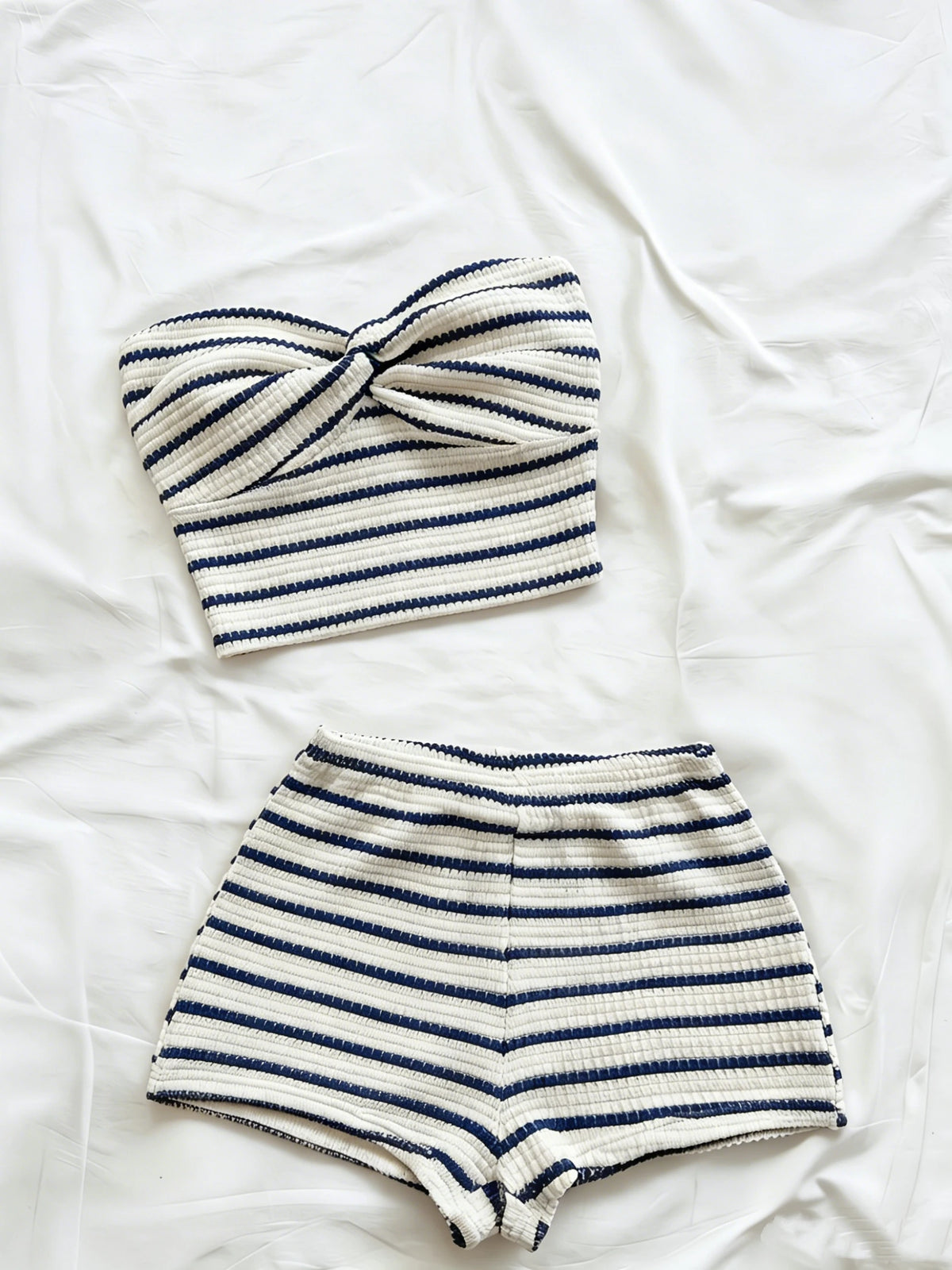 Vivian Striped Knit Twist-Front Bandeau Two Piece Sets