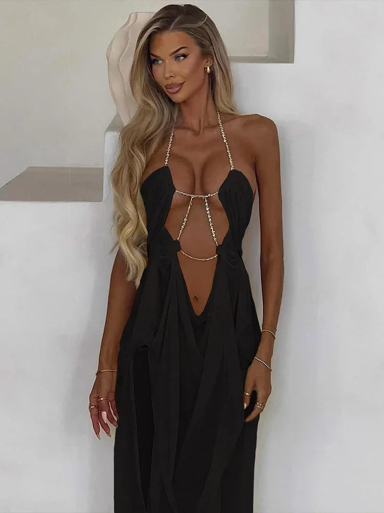 Pine Plains Sexy See Through Luxury Chain Halter Low Neck Backless Dress