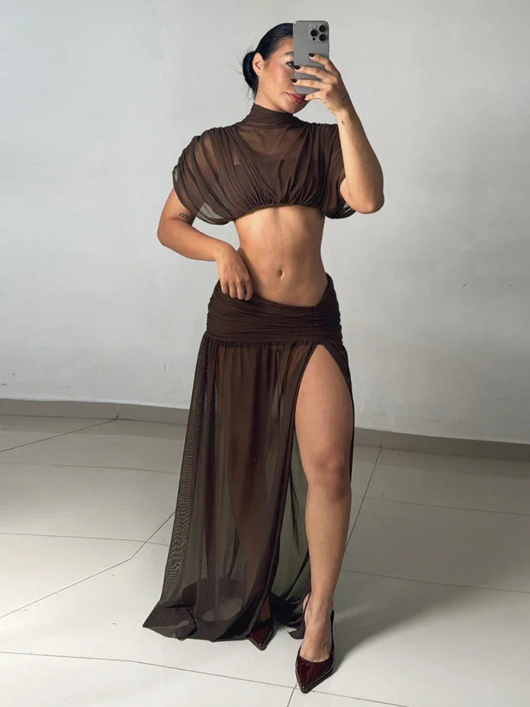 Haddam Half High Collar Shoulder Wrapped Ruched Patchwork Peach Hip Split Set