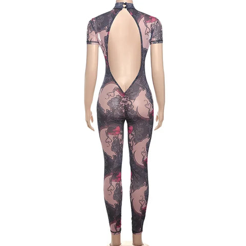 Auburn Hollow Out Playsuits Female Nightout Fashion Mesh Thin Sheer Jumpsuits