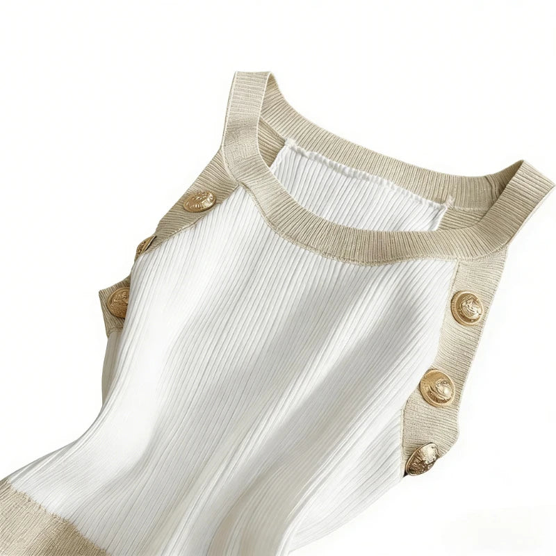 Milford Sleeveless Halter Neck Gold Button Detail Contrast Stretchy Ribbed Knit Bodycon Mini Dress