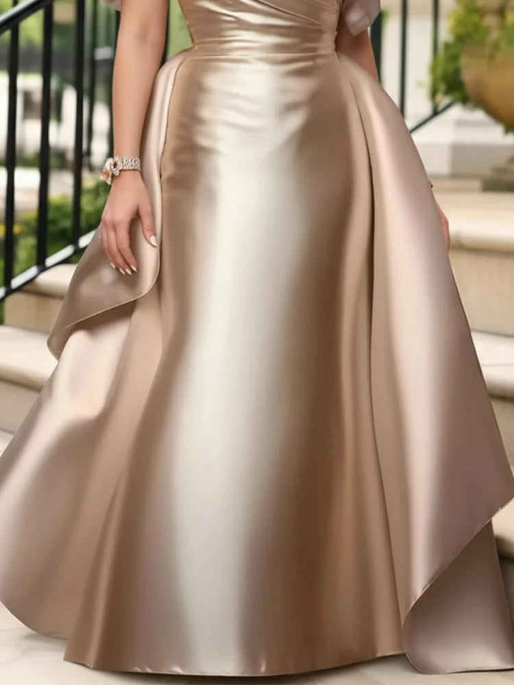 Morristown Plus Size Satin Evening Off Shoulder Puff Sleeve Solid Color Maxi Dress