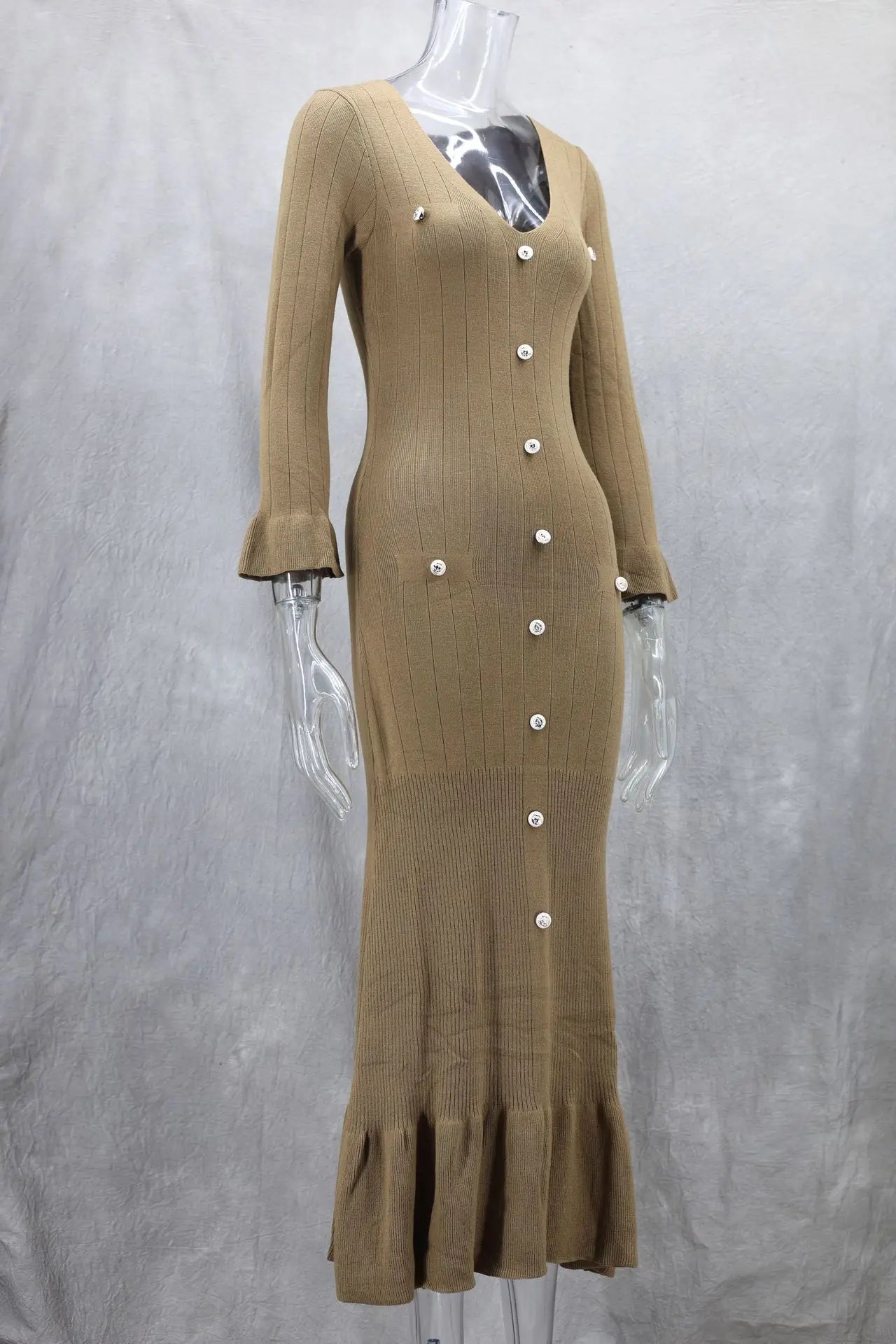 Tennessee Elegant Knitted Fashion V Neck Long Sleeves Slim Buttons Solid Color Long Dress