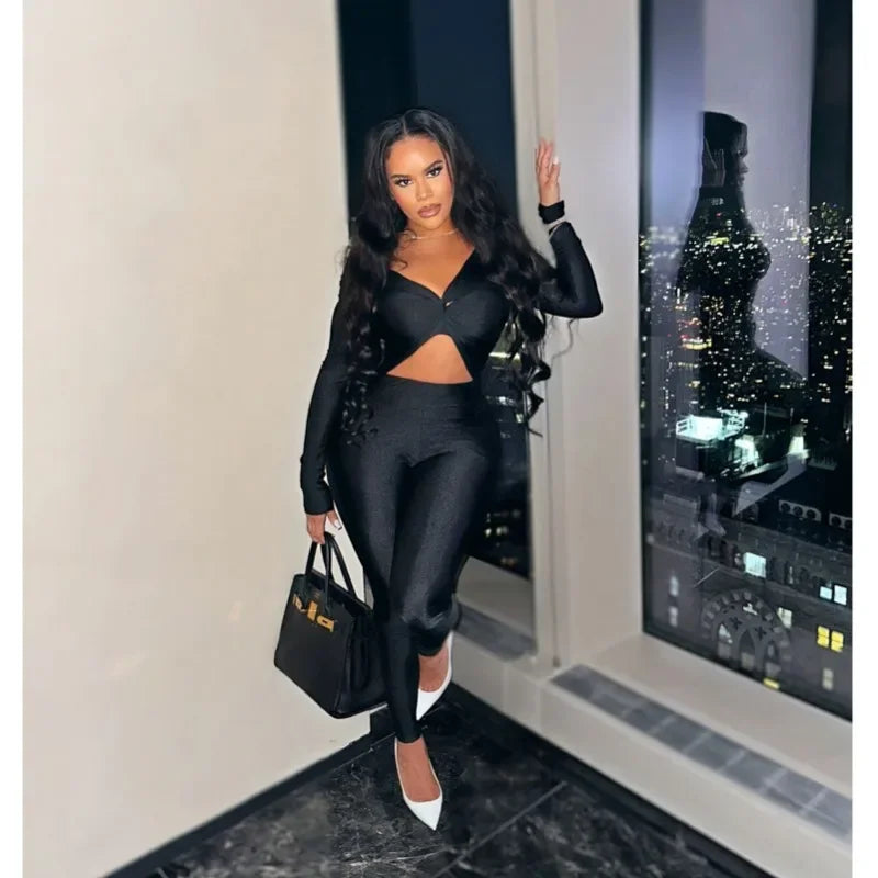 Oneida Hollow Out Sexy Party Clubwear Long Sleeve Slash Neck Crop Jumpsuits