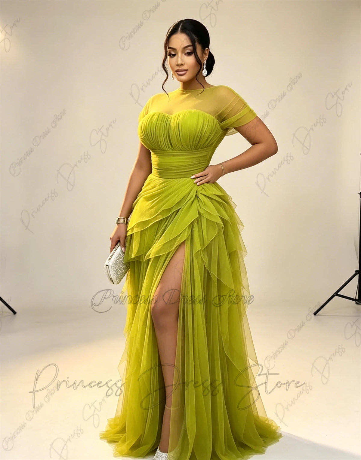 Bani Elegant Pleats Tulle Split Long Evening Gowns Birthday Party Dress
