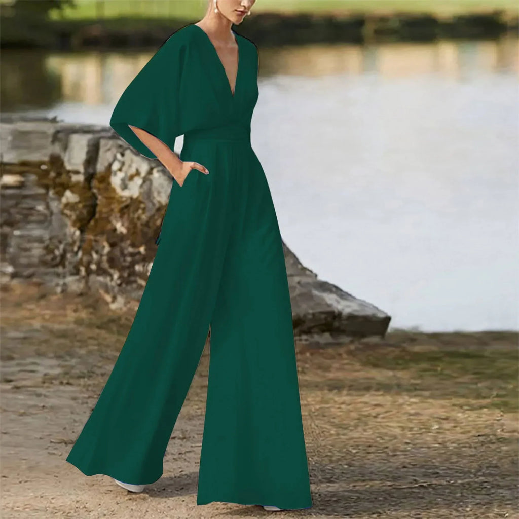 Deep V-Neck Half Solid Casual One-Piece