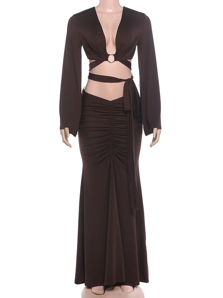 Graciela Metal Ring Patchwork Puff Sleeve Two Piece Sets