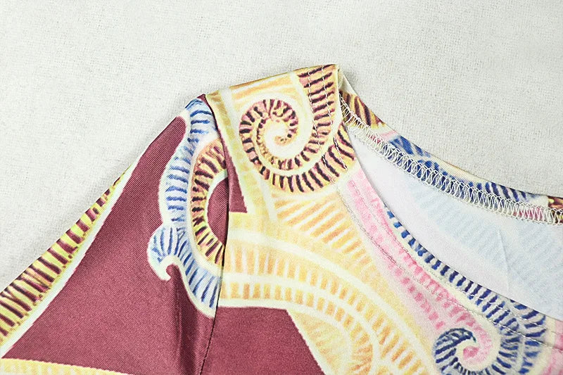 China Town Fashion Art Colorful Print o-Neck Full Sleeve Skinny Peach Jumpsuit