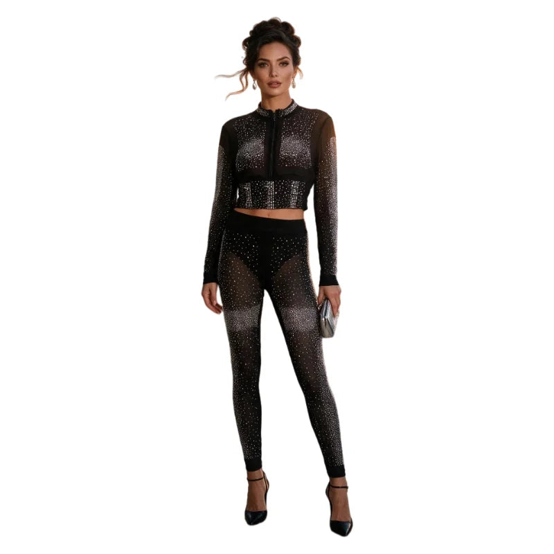Ashley Black Mesh Hotfix Rhinestone Two Piece Sets