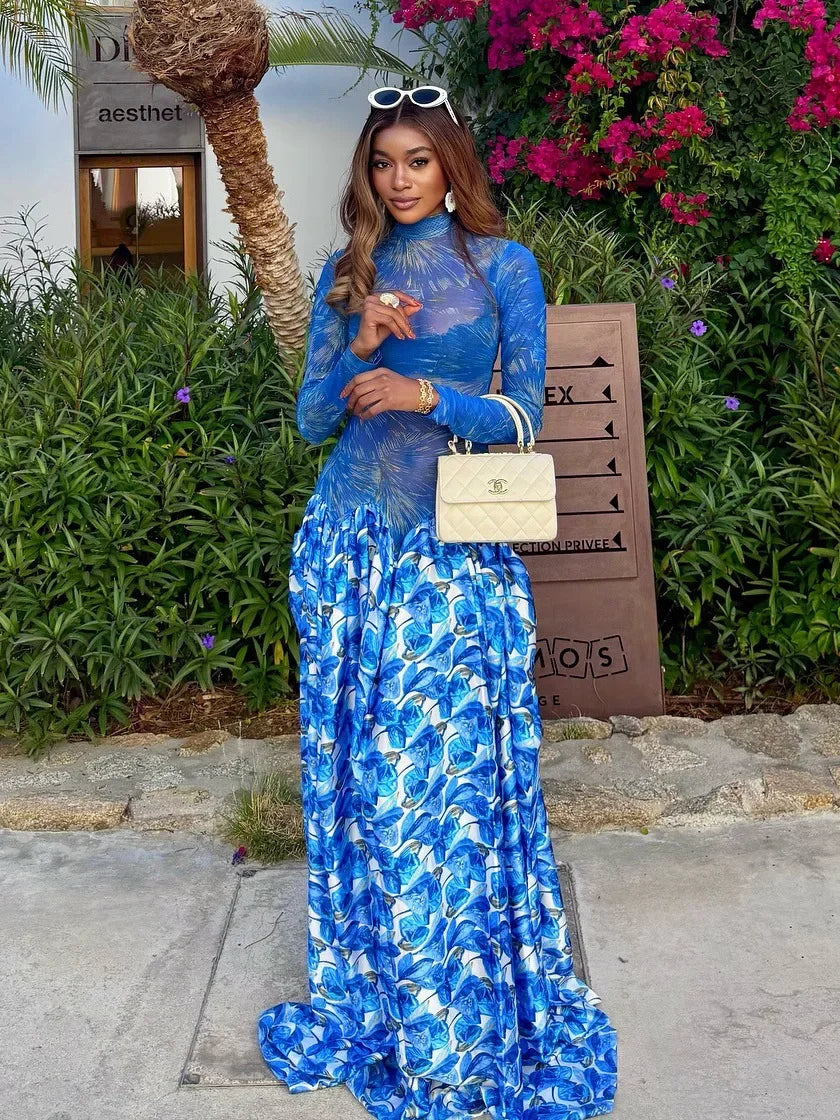 Passaic O Neck Fashion Long Sleeve Flower Printed Maxi Dress