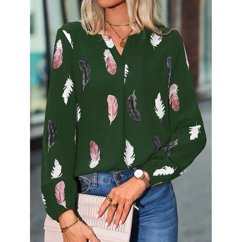 Jamesburg Casual T Shirt Fashion Feather Printed Long Sleeve V Neck Loose Blouses
