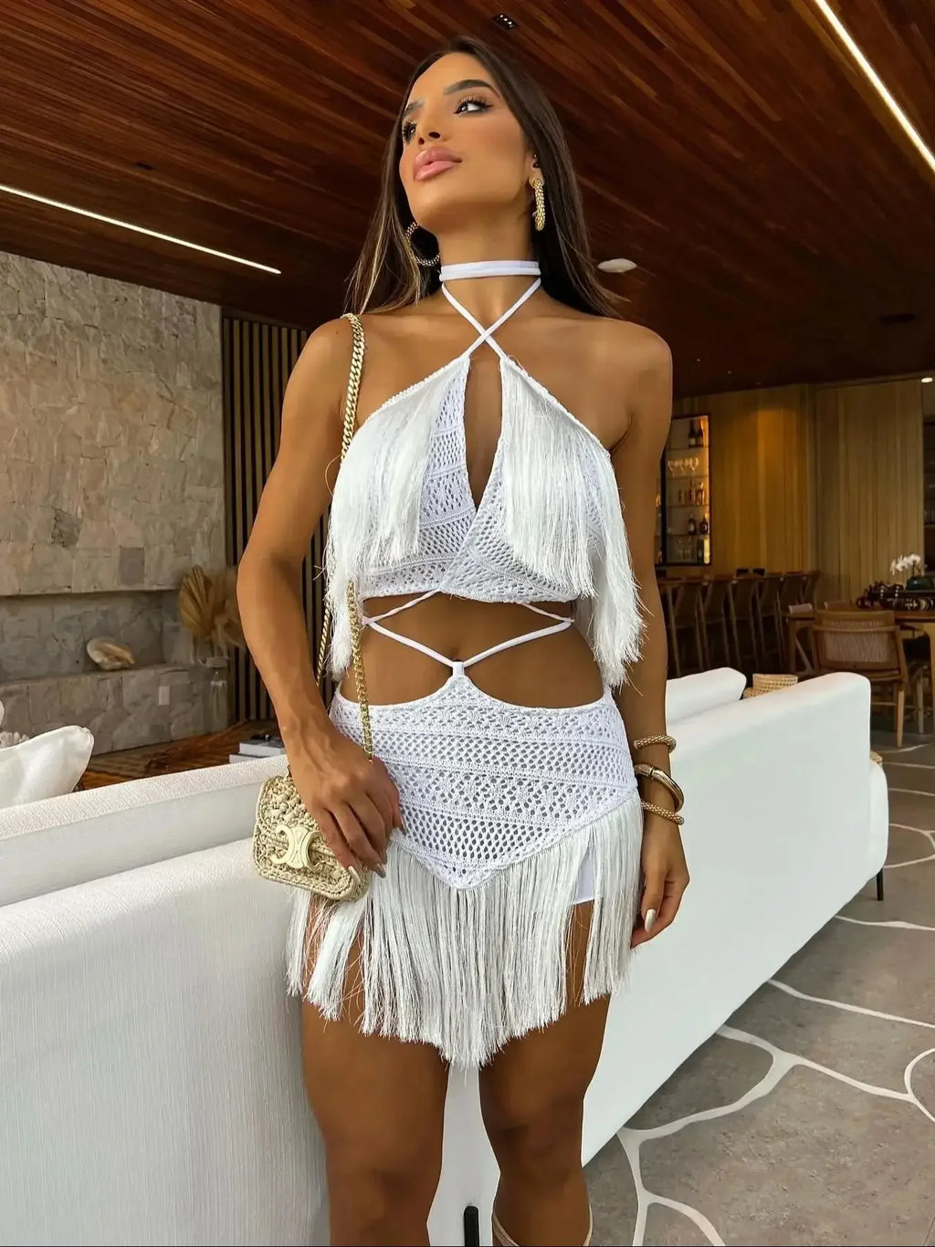 Narraganset Tassel Cut Out Halter Lace Bra Tassel Mini Beach Set