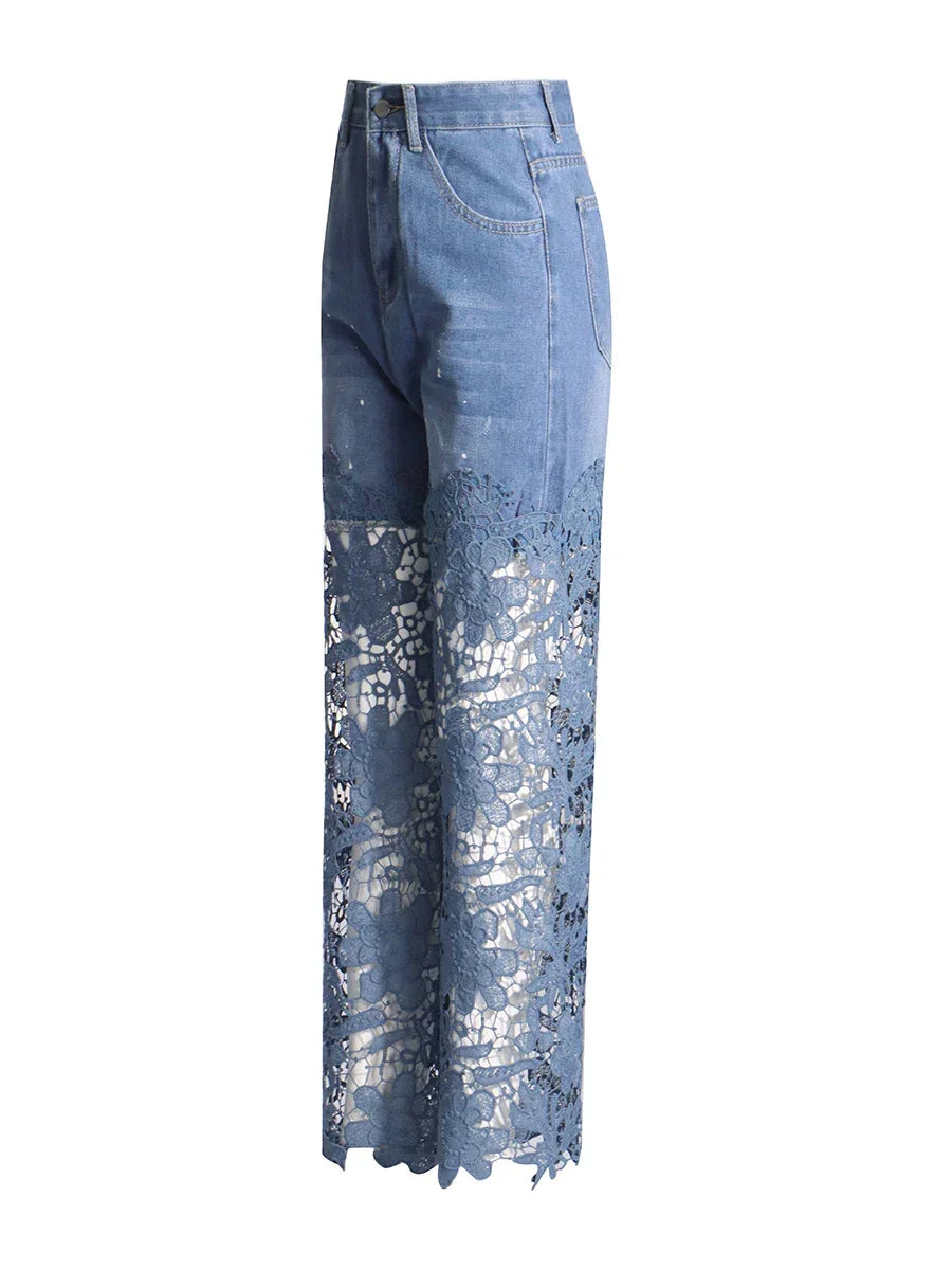 Old Bridge Solid Slimming Hollow Out Denim High Waist Spliced Button Jeans
