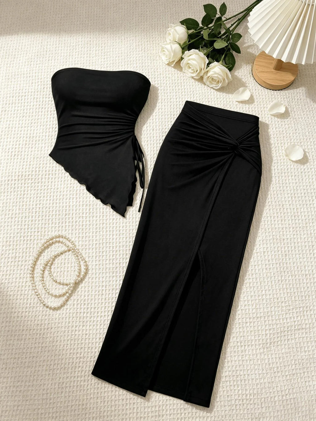 Mia Strapless Side Drawstring Ruffle Hem Two Piece Sets