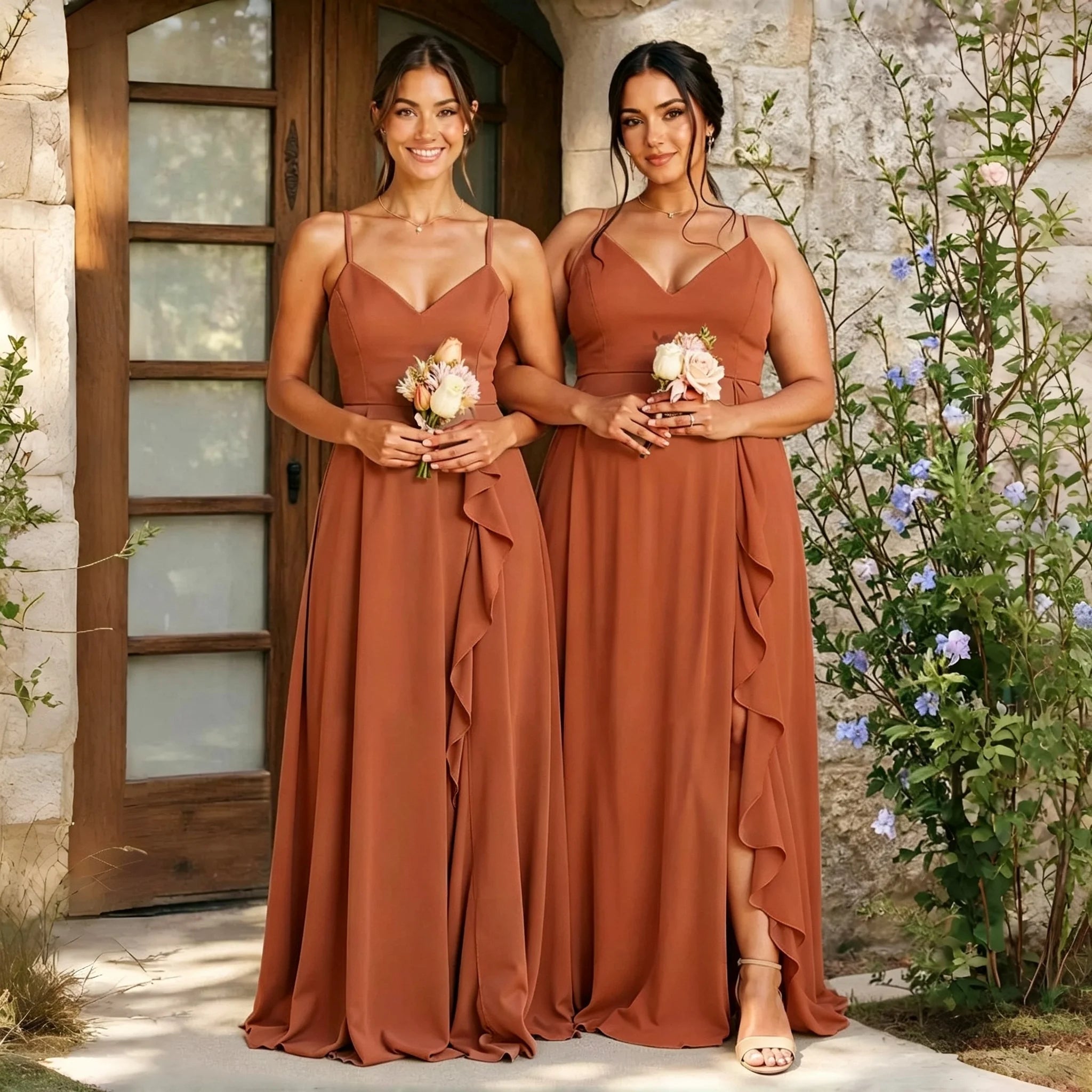 Alma Chiffon Bridesmaid Spaghetti Strap V Neck Cascading Ruffle High Side Slit A Line Dress