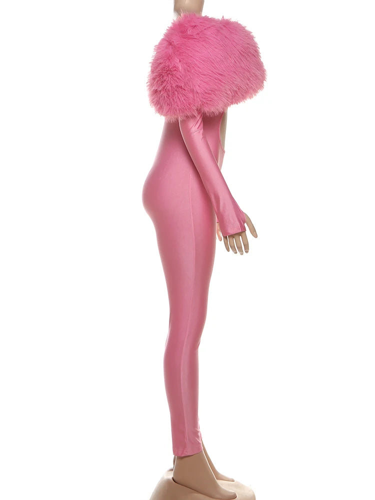 Branford Furry Slash Neck Hipster Patchwork Trend Sexy Hollow Stretch Jumpsuits