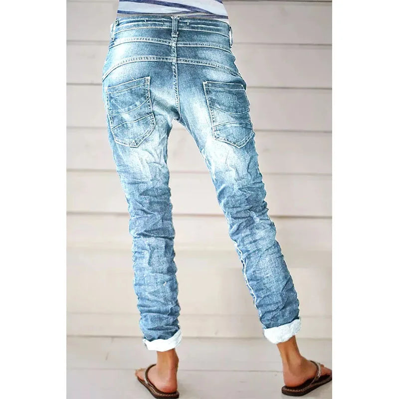 Jeans for Women Drawstring Elastic-waisted Jeans Casual Button Baggy Jeans