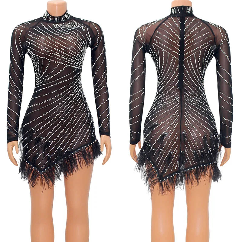 Whippany Pearls Rhinestone Party Elegance Nightclub Feather Mini Dress