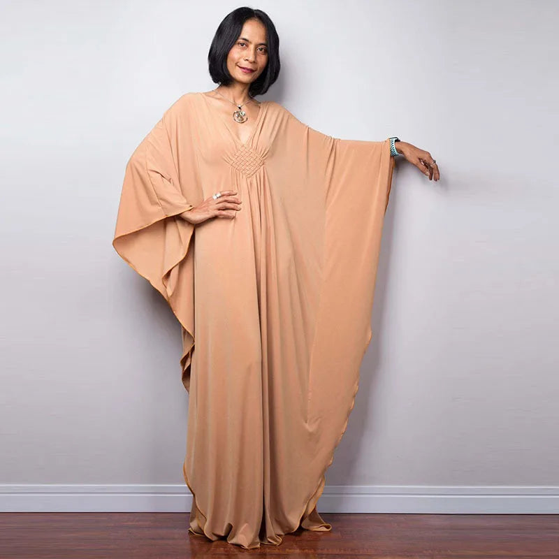 Plaza Plus Size Caftan Solid Color Plus Size Beach V Neck Cover Up Loose Soft Kaftan Dress