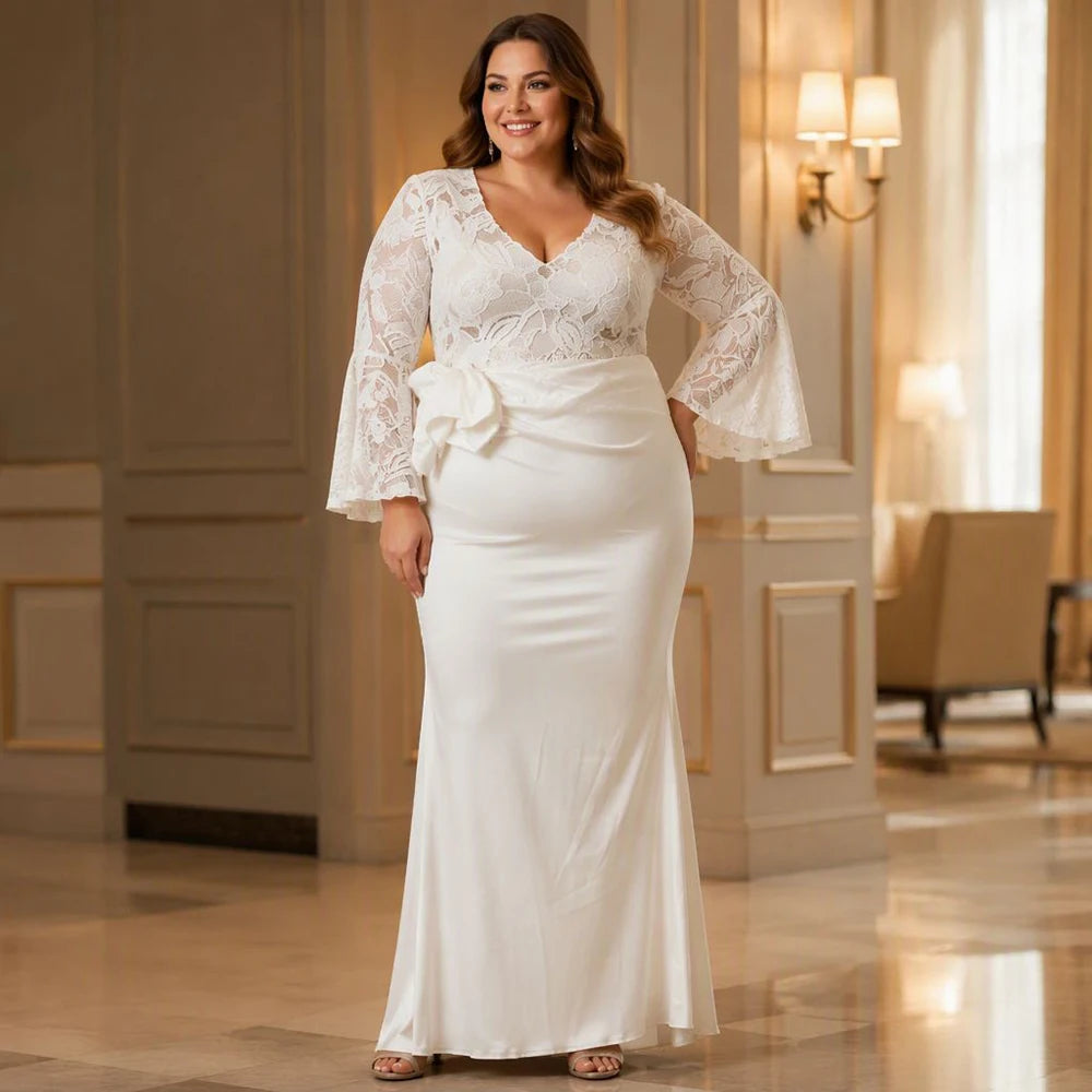 Plus Size Mermaid Sexy Mesh Sheer Embroidery V‑Neck Long Sleeve Slim Fit Maxi Dress