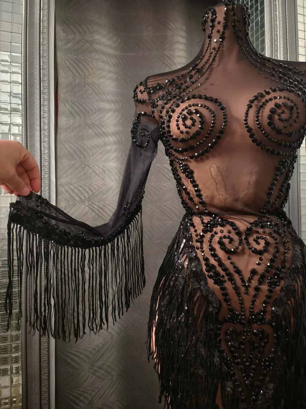 Carbondale Sparkly Rhinestone Tassel See Through Mesh Mini Dress