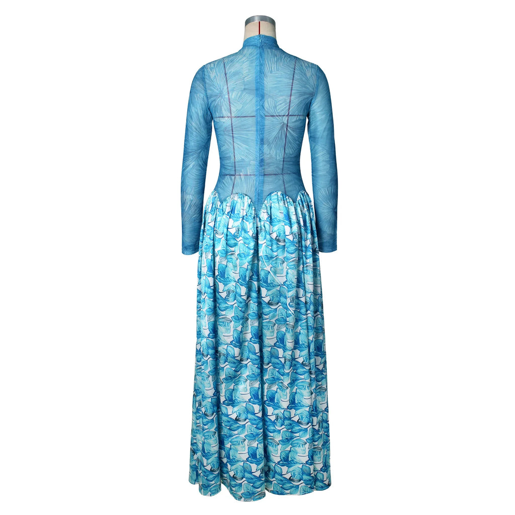Passaic O Neck Fashion Long Sleeve Flower Printed Maxi Dress
