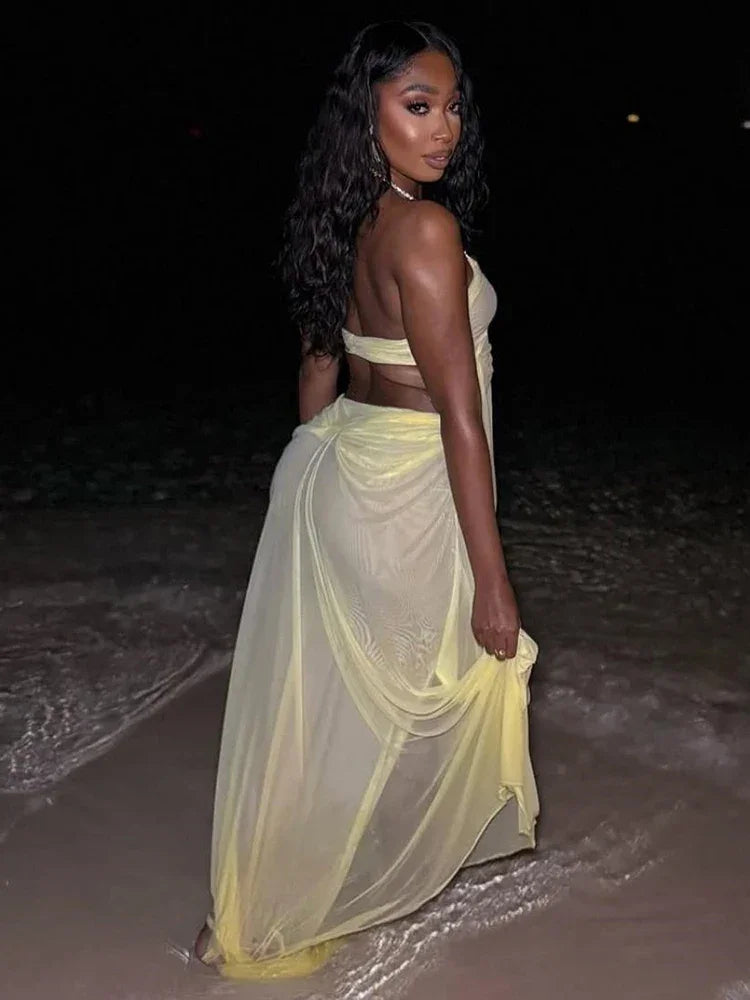 Pine Plains Sexy See Through Luxury Chain Halter Low Neck Backless Dress