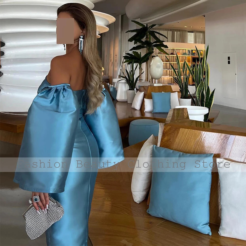 Elmwood Park Sky Blue Satin Evening Party Off the Shoulder Column Cocktail Gowns Dresses Maxi