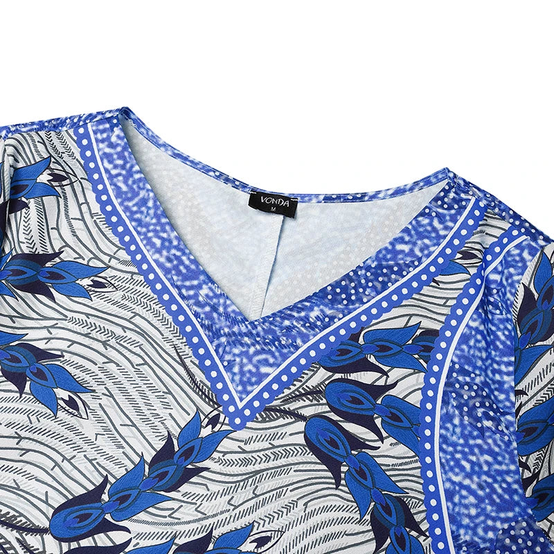 Samba Plus Size Bohemian Long V Neck Sleeve Printed Maxi Dress