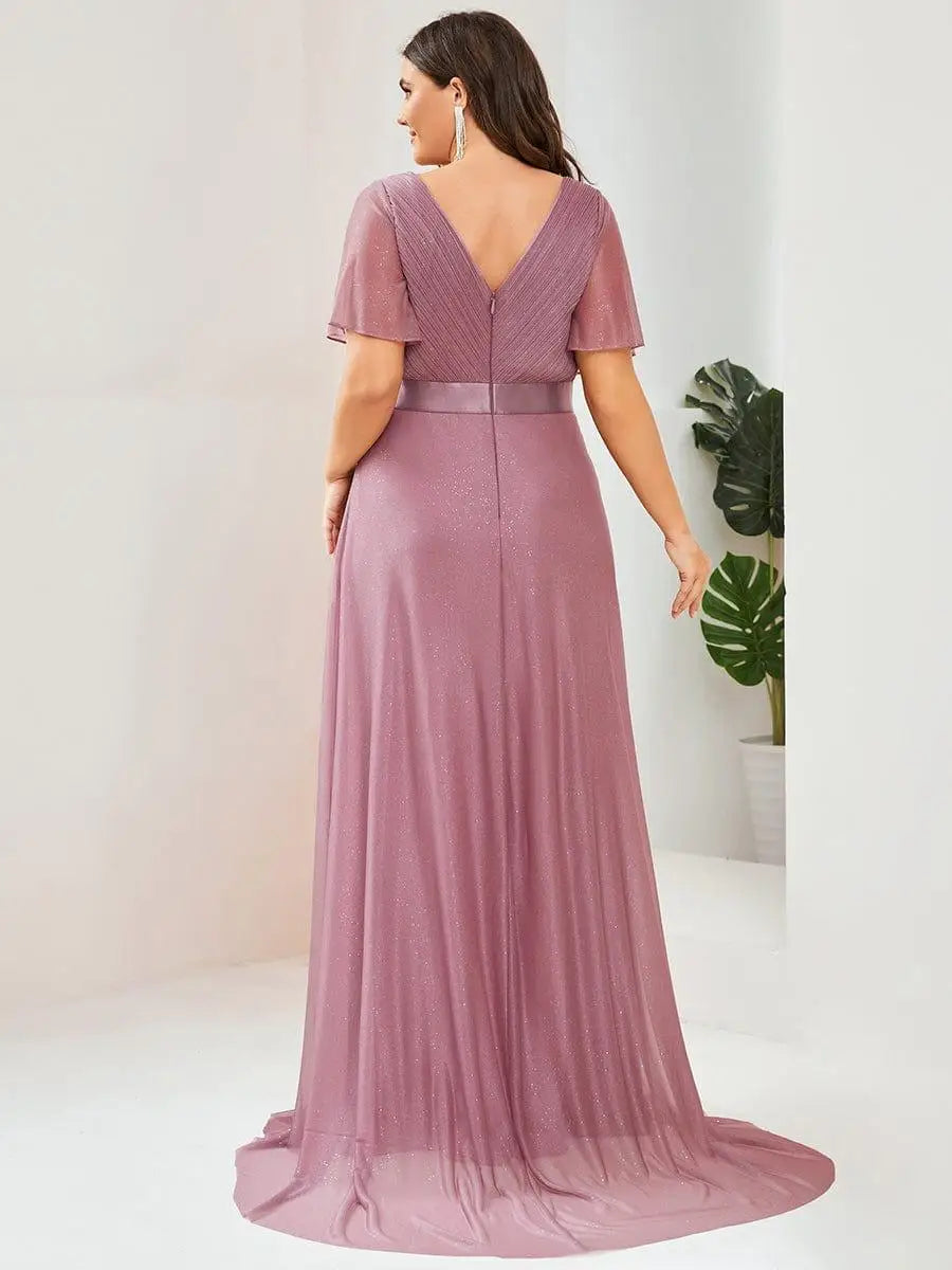 Gazcue Plus Size Chiffon Mother of the Bride Party Glitter V Neck A Line Dress