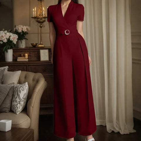Weirton High Waist Jumpsuits Workwear Belt Rompers Solid Deep V Neck Elegant Overalls