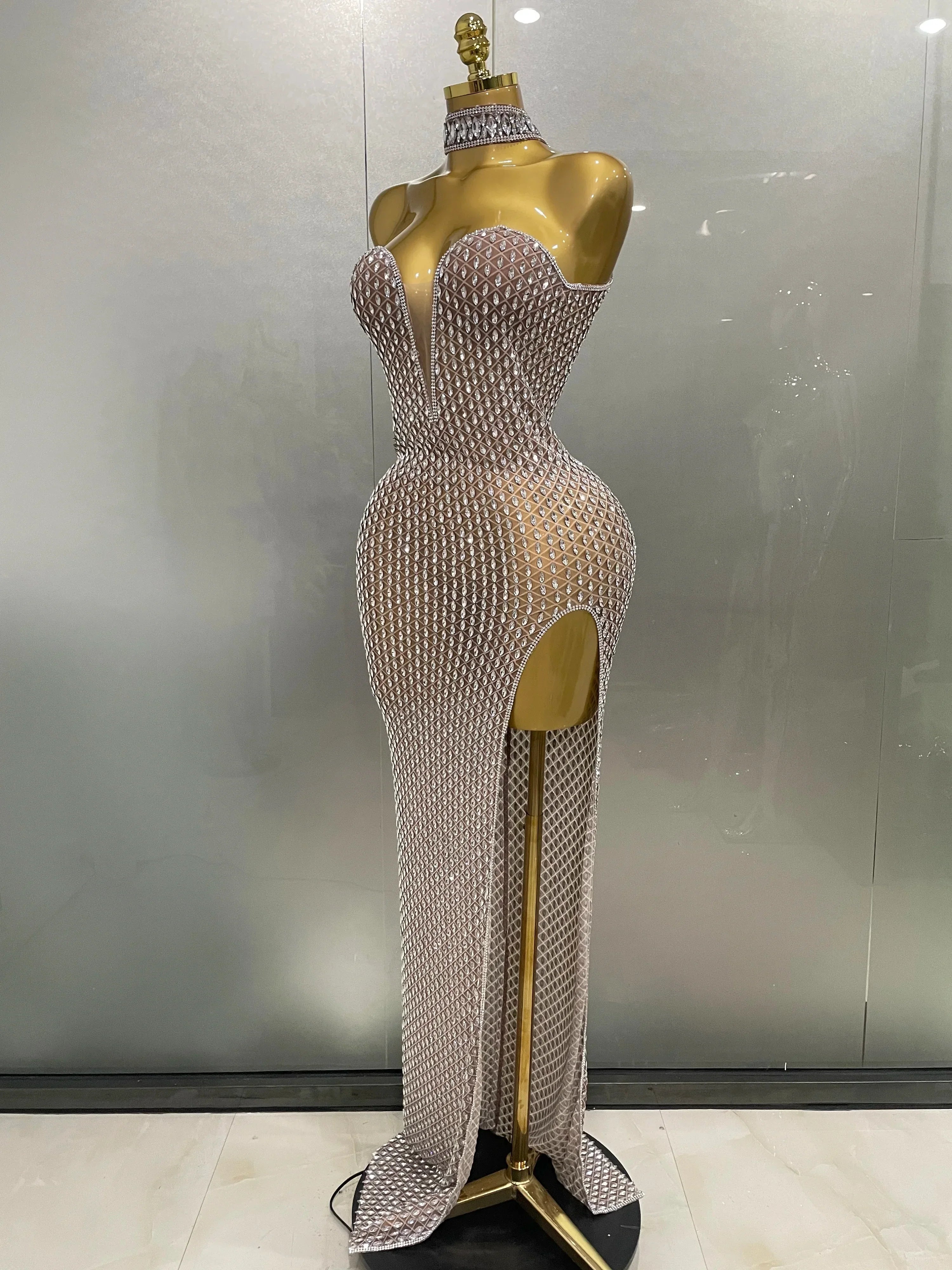 Frederick Full Rhinestones Mesh Transparent Long Elegant Dress