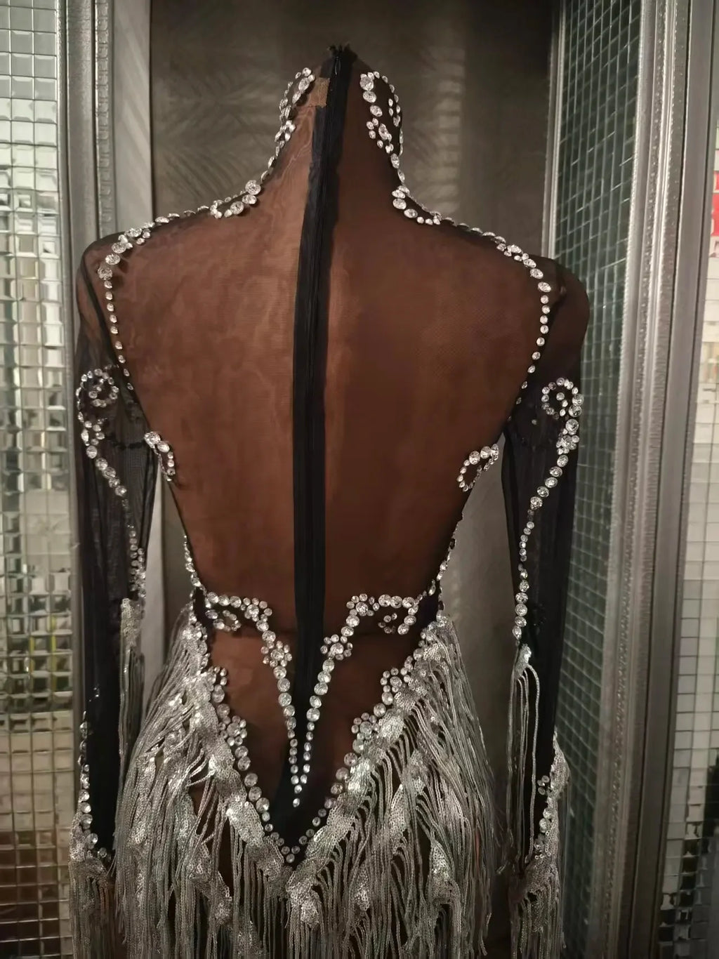 Carbondale Sparkly Rhinestone Tassel See Through Mesh Mini Dress