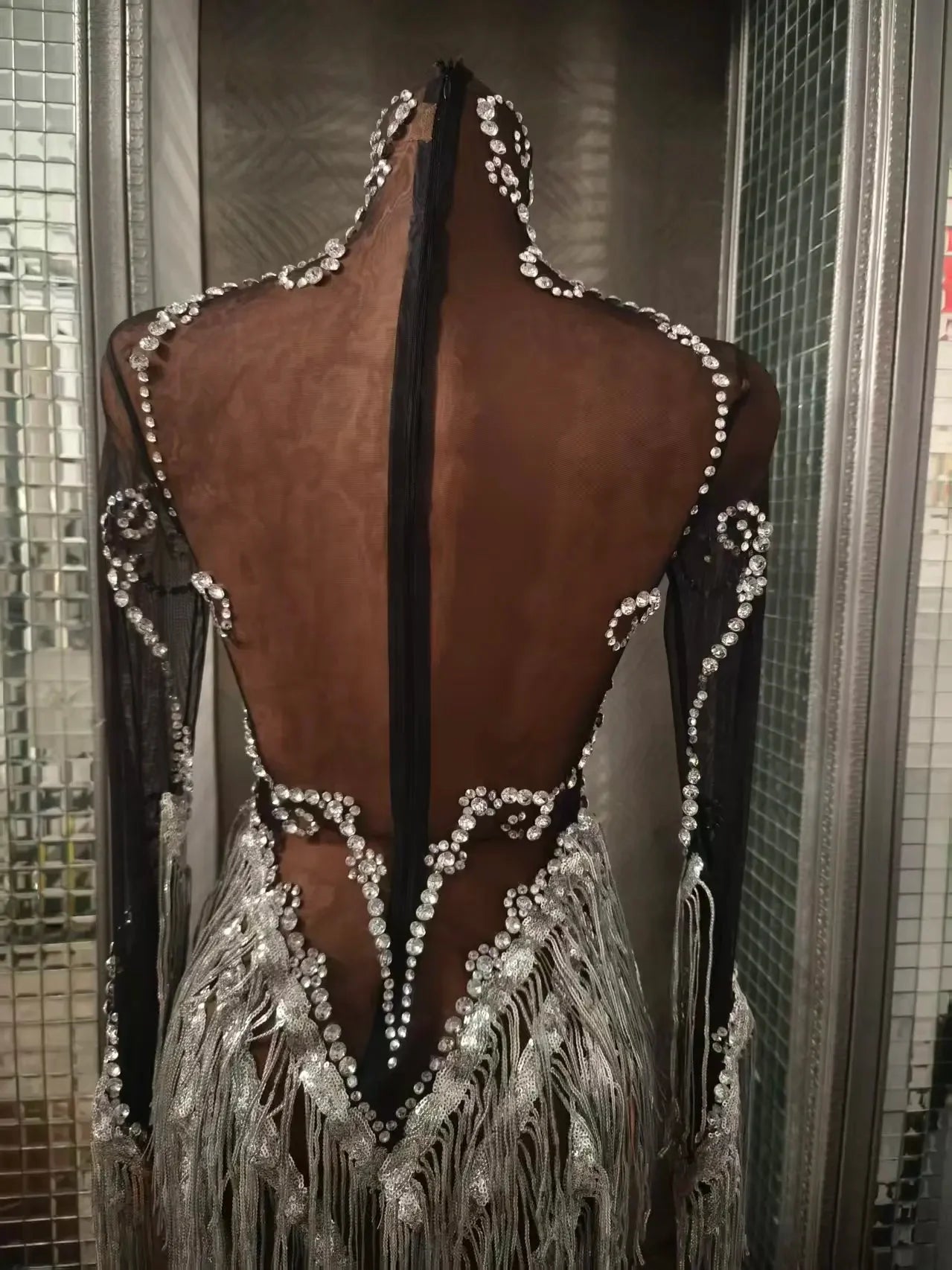 Carbondale Sparkly Rhinestone Tassel See Through Mesh Mini Dress