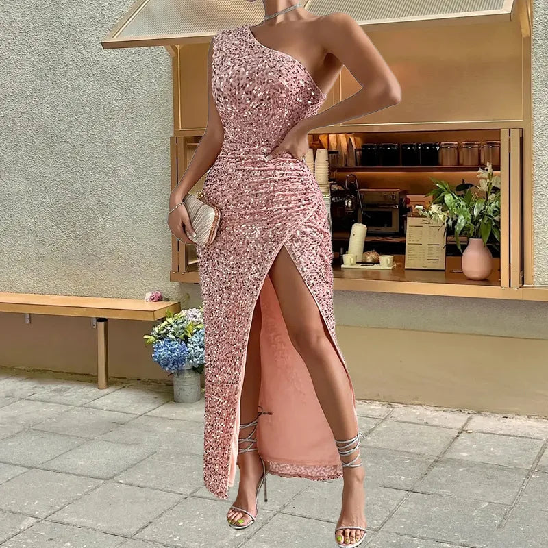 Norway Sequined One Shoulder Sleeveless Slim Elegant Slit Dress