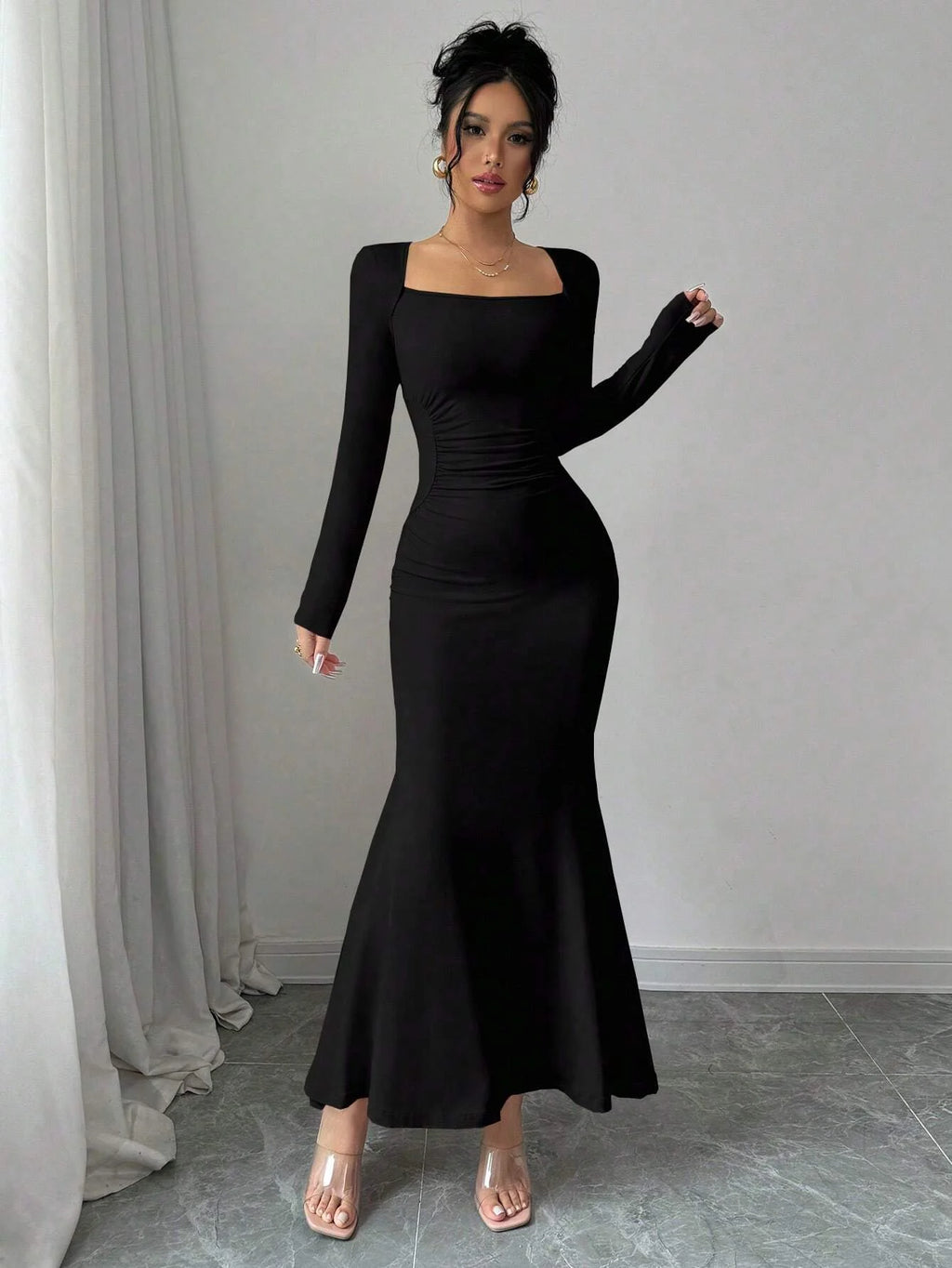 Nisao Four Seasons New Style Elegant Temperament Retro Solid Color Square Long Dress