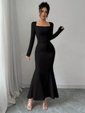 Nisao Four Seasons New Style Elegant Temperament Retro Solid Color Square Long Dress