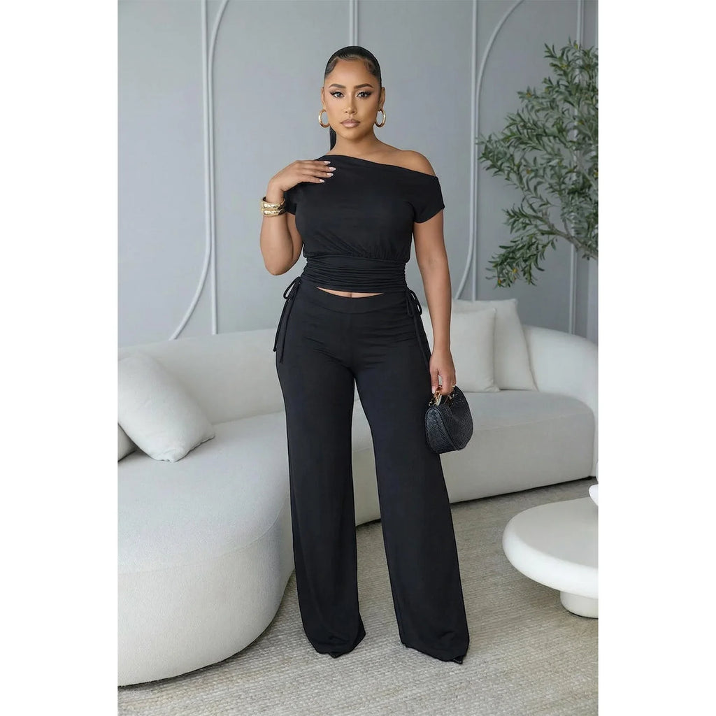 Naomi Pleated Asymmetric Neckline TWo Piece Sets