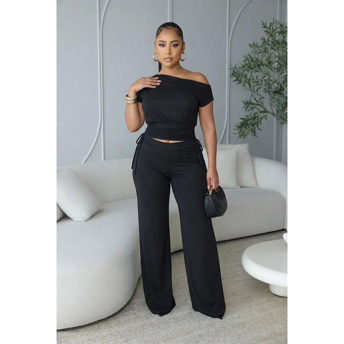 Naomi Pleated Asymmetric Neckline TWo Piece Sets